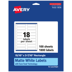 Avery® Permanent Labels With Sure Feed®, 94218-WMP100, Rectangle, 15/16" x 3-7/16", White, Pack Of 1,800