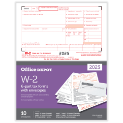 Office Depot® W-2 Laser Tax Forms And Envelopes, 6-Part, 2-Up, 8-1/2" x 11", Pack Of 10 Form Sets, 5611025