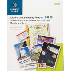 Business Source Letter Size Laminating Pouches - Sheet Size Supported: Letter 8.50"x 11" - Laminating Pouch/Sheet Size: 9"x 11.50"x5 mil Thickness -