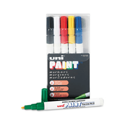Uni-Ball Oil-Base Fine Line uni Paint Markers - Fine Marker Point - Blue, White, Red, Yellow, Green, Black Oil Based Ink - 6 / Set
