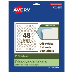 Avery® Print-to-the-Edge Dissolvable Labels With Sure Feed® Technology, 94606-DWMP5, Starburst, 1", Matte Off-White, Pack Of 240