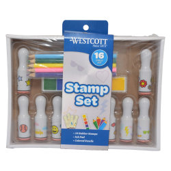 Westcott 16-Piece Stamp Set, 10 Stamps, Colored Pencils, Multi-Color Ink Pad