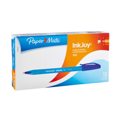 Paper Mate® InkJoy 100 Stick Pens, Medium Point, 1.0 mm, Translucent Blue Barrels, Blue Ink, Pack Of 12 Pens