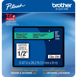 Brother® TZE731CS Genuine P-Touch Laminated Label Tape, 1/2" x 26-1/4', Black/Green
