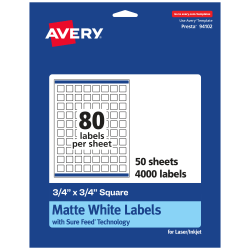 Avery® Permanent Labels With Sure Feed®, 94102-WMP50, Square, 3/4" x 3/4", White, Pack Of 4,000