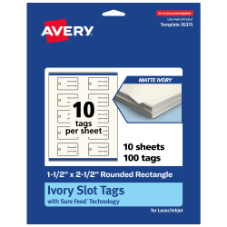 Avery® Print-To-The-Edge Slot Tags With Sure Feed® Technology, 1-1/2"x2-1/2" Rectangle Rounded, Matte Ivory, Pack Of 100