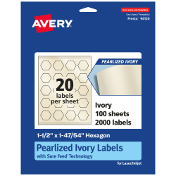 Avery® Pearlized Permanent Labels With Sure Feed®, 94120-PIP100, Hexagon, 1-1/2" x 1-47/54", Ivory, Pack Of 2,000 Labels