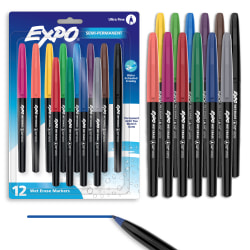 EXPO Wet Erase Markers, Semi-Permanent Markers, Assorted, Ultra Fine Tip, 12 Count