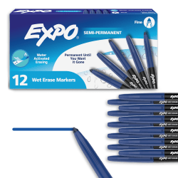 EXPO Wet Erase Markers, Semi-Permanent Markers, Blue, Fine Tip, Dozen Box