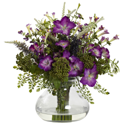 Nearly Natural Mixed Morning Glory 14-1/2"H Plastic Large Floral Arrangement With Vase, 14-1/2"H x 14"W x 11"D, Purple/Green