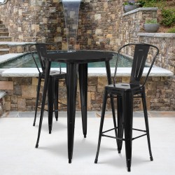 Flash Furniture Commercial-Grade Round Metal Indoor/Outdoor Bar Table Set With 2 Café Stools, 41"H x 30"W x 30"D, Black