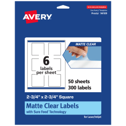 Avery® Permanent Labels With Sure Feed®, 94109-CMF50, Square, 2-3/4" x 2-3/4", Matte Clear, Pack Of 300
