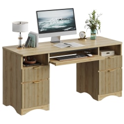 Bestier 60"W Executive Computer Desk With Keyboard Tray And 4 Storage Drawers, Natural