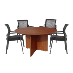 Boss Office Products 47" Round Table And Mesh Guest Chairs Set, Cherry/Black