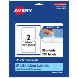 Avery® Permanent Labels With Sure Feed®, 94253-CMF50, Rectangle, 4" x 5", Matte Clear, Pack Of 100