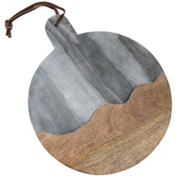 Laurie Gates Marble And Mango Wood Round Serving Tray With Handle, 7/16"H x 11"W x 13-1/4"D, Gray/Brown