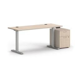HON Mod 60"W Height-Adjustable Desk With Mobile Storage, Desert Oak/Silver