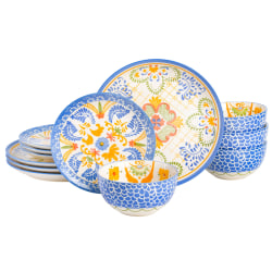 Gibson Laurie Gates Tierra Tile 12-Piece Round Stoneware Dinnerware Set, Blue