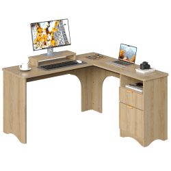 Bestier 56"W Modern L-Shaped Corner Computer Desk With Filing Drawer, Natural Oak