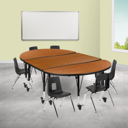 Flash Furniture Mobile 76" Oval Wave Flexible Laminate Activity Table Set With 12" Student Stack Chairs, Oak