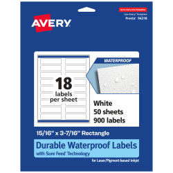 Avery® Waterproof Permanent Labels With Sure Feed®, 94218-WMF50, Rectangle, 15/16" x 3-7/16", White, Pack Of 900