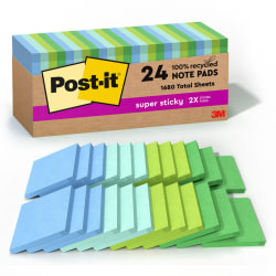Post-it Recycled Super Sticky Notes, 3 in x 3 in, 24 Pads, 70 Sheets/Pad, 2x the Sticking Power, Oasis Collection, 100% Recycled
