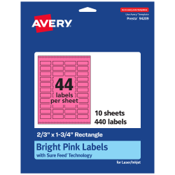 Avery® Print-To-The-Edge Labels With Sure Feed® Technology And Easy Peel® Label Feature, 94209-BPP10, Rectangle, 2/3" x 1-3/4", Matte Bright Pink, Pack of 440