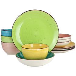 Elama Hudson Double Bowl Stoneware Dinnerware Set, Assorted Colors, Set Of 12 Pieces