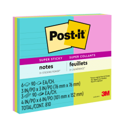 Post-it® Super Sticky Notes, 810 Total Notes, Pack Of 9 Pads, Assorted Sizes, Supernova Neons Collection, Lined And unlined, 90 Notes Per Pad