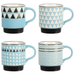 Mr. Coffee Primevalley Stackable Wax Relief Triangle Design Mug Set, 14 Oz, Assorted Colors, Set Of 4 Mugs