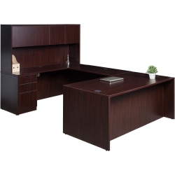 Boss Office Products Holland Series Executive U-Shape Desk With File Storage, Pedestal And Hutch, Mahogany