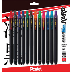 Pentel EnerGel Kuro Liquid Retractable Gel Pens, Pack Of 12, Medium Point, 0.7 mm, Assorted Colors