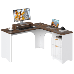 Bestier 56"W Modern L-Shaped Corner Computer Desk With Filing Drawer, White/Walnut