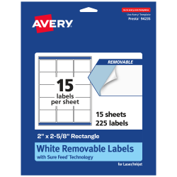 Avery® Removable Labels With Sure Feed®, 94235-RMP15, Rectangle, 2" x 2-5/8", White, Pack Of 225 Labels