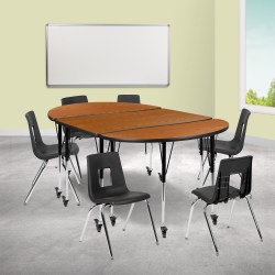 Flash Furniture Mobile 76" Oval Wave Flexible Laminate Activity Table Set With 18" Student Stack Chairs, Oak