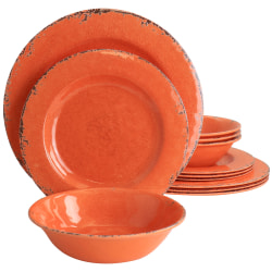 Gibson Studio California Mauna 12-Piece Melamine Dinnerware Set, Crackle Orange