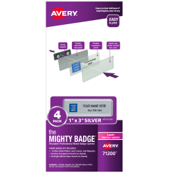 Avery® The Mighty Badge Magnetic Badges For Laser Printers, 1" x 3", Silver, Pack Of 4