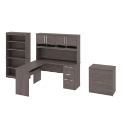 Bestar Innova U- Or L-Shaped Desk With Hutch, Lateral File Cabinet And Bookcase, Bark Gray