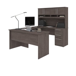 Bestar Innova 83"W U- Or L-Shaped Corner Desk With Hutch, Bark Gray