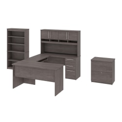 Bestar Innova U- or L-Shaped Desk With Hutch, Lateral File Cabinet and Bookcase, Bark Gray
