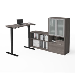 Bestar i3 Plus 72"W L-Shaped Standing Corner Desk And Hutch With Frosted Glass Doors, Bark Gray