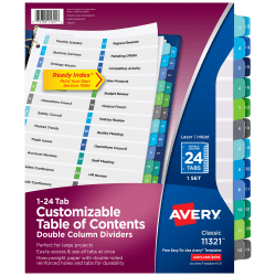 Avery® Ready Index® 1-24 Tab Double Column Binder Dividers With Customizable Table Of Contents, 8-1/2" x 11", 24 Tab, White/Multicolor, 1 Set