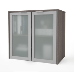 Bestar i3 Plus 31"W Hutch With Frosted Glass Doors, Bark Gray