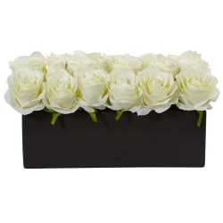 Nearly Natural Dozen Roses 6"H Silk Floral Arrangement With Ceramic Rectangular Planter, 6"H x 12-1/2"W x 6"D, White