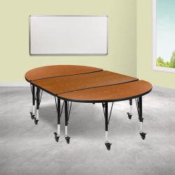Flash Furniture Oval Wave Flexible Thermal Laminate 3-Piece Activity Table Set With Height-Adjustable Short Legs, 25"H x 47-1/2"W x 76"D, Oak