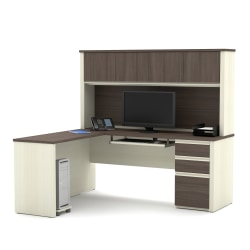 Bestar Prestige + 72"W L-Shaped Corner Desk With Pedestal And Hutch, White Chocolate/Antigua
