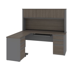Bestar Prestige + 72"W Modern L-Shaped Corner Desk With 2 Pedestals And Hutch, Bark Gray/Slate