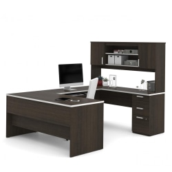 Bestar Ridgeley 65"W U-Shaped Executive Computer Desk With Pedestal And Hutch, Dark Chocolate