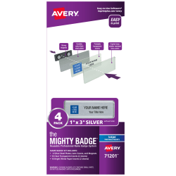 Avery® The Mighty Badge Magnetic Badges For Inkjet Printers, 1" x 3", Silver, Pack Of 4 Badges