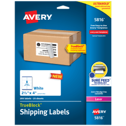 Avery® TrueBlock® Shipping Labels With Sure Feed® Technology, 5816, 2.5" x 4", Rectangle, White, Pack Of 200